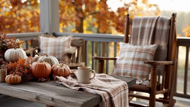 Autumn porch decor with pumpkins and cozy chair set on a rustic wooden table, peaceful seasonal fall concept footage