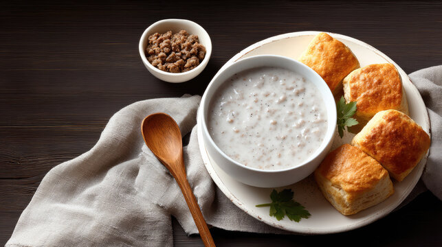Hearty biscuits with sausage gravy served on plate, garnished with parsley, wooden spoon and rustic napkin on dark table