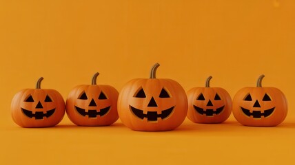 Five halloween pumpkins with carved faces on an orange colored background