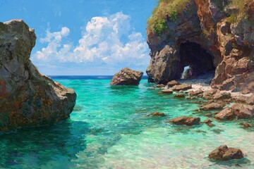 Obraz premium Turquoise Lagoon Enclosed by Dramatic Cliffs Under a Sunny Sky, Tropical Paradise.