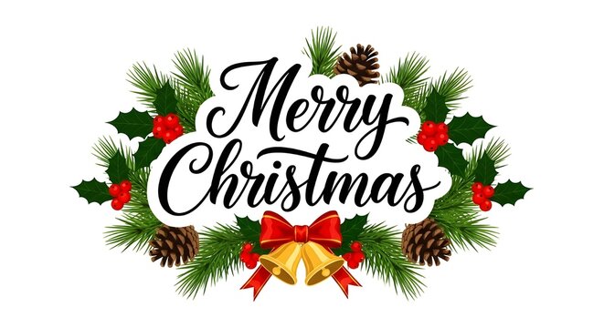 Festive merry christmas greeting card design with pine branches holly berries pinecones and golden bells