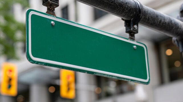 Blank green street sign in urban setting with blurred background.