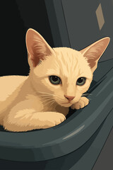 A close-up illustration of a light cream-colored kitten with large, expressive blue-green eyes. The kitten is resting calmly on a dark smooth surface, gazing curiously ahead. Its soft fur and delicate