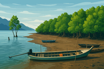 A peaceful coastal scene featuring traditional wooden boats resting on the muddy shore beside a lush mangrove forest. The calm blue water reflects the sky, while distant mountains fade into the horizo