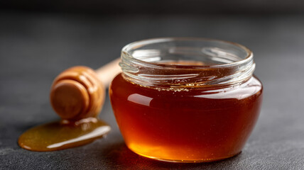 Honey in a clear jar with dipper on dark background.