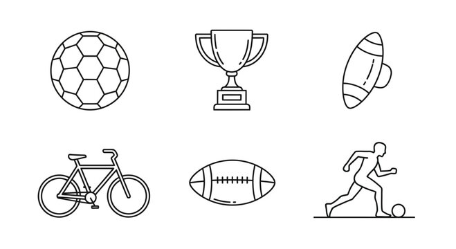 Collection of Sports Icons and Equipment in Outline Style.
