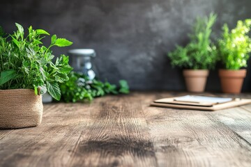 A collection of fresh herbs in pots on a rustic wooden table in a cozy kitchen setting