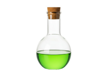 Isolated flask with green liquid inside, sealed with cork stopper, studio chemistry science shot