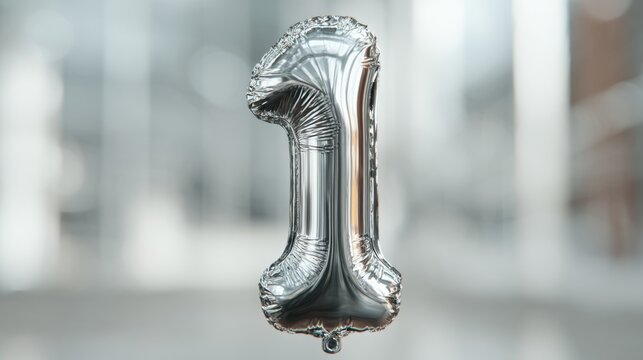 A shiny silver foil balloon shaped like the number one, floating gracefully against a bright, blurred background.