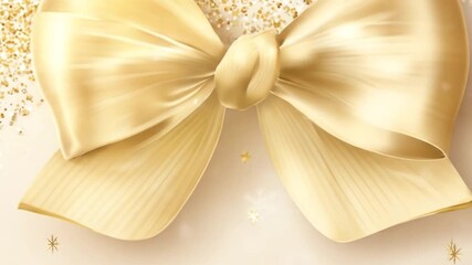 Shimmering golden ribbon bow on a light background with subtle glitter accents and snowflakes - Powered by Adobe