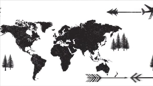 Grunge textured world map with travel and adventure elements like pine trees, airplane, and arrows, global exploration concept