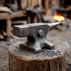 Anvil in a blacksmith's forge with glowing fire in background.