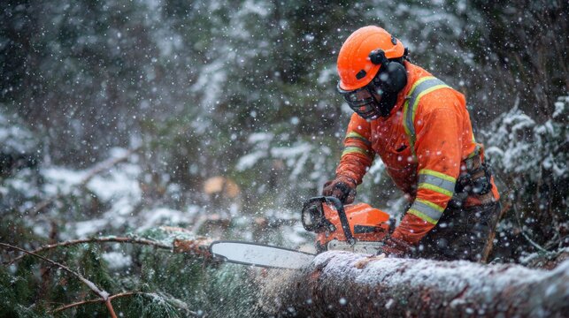 A male worker in an orange safety jacket cuts through a fallen tree in a snowy forest, showcasing determination and skill during winter work.
