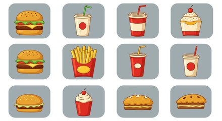 Fast food icons in a grid burgers drinks fries pies  cupcakes