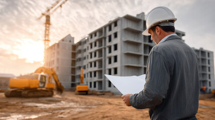 Project manager wearing white safety helmet inspects construction site with blueprint, modern building, crane, and excavator at sunset