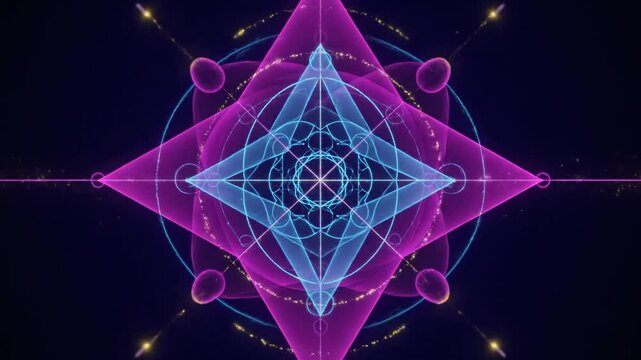 Abstract digital art piece with neon geometric shapes radiating from the center, on a dark background