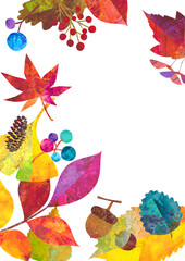 秋の紅葉した、落ち葉や木の実でデザインした縦型の囲みフレーム。カラフルなペインティングテクスチャのイラスト。
