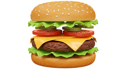 Assembled burger with layers bun lettuce pickles tomato cheese patty and lettuce on white background