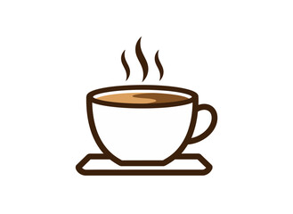 A simple, stylized illustration of a steaming cup of coffee on a saucer.