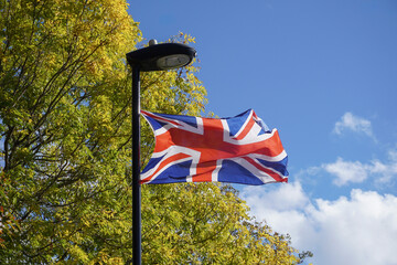 Union Jack flag of Great Britain. UK country flag on lamp post