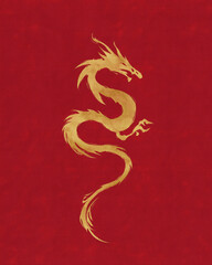 Fototapeta premium Golden dragon silhouette on deep crimson background with flowing tail and subtle glow