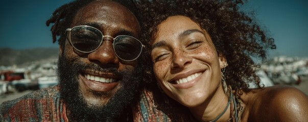 Happy couple taking a selfie together at the sandy beach on a sunny day