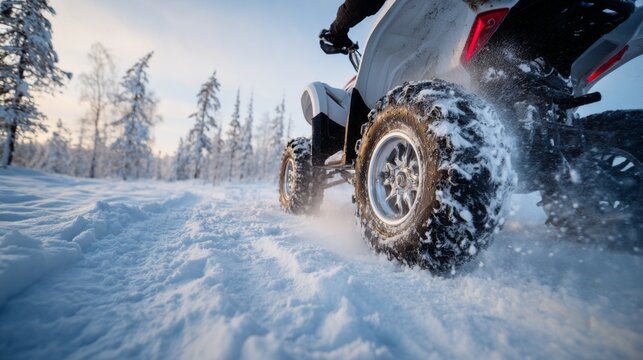 A close-up of an ATV navigating through fresh, powdery snow in a serene winter landscape.