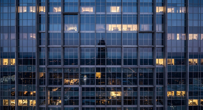 The glass facade of a modern skyscraper at dusk reflects the city and reveals illuminated office windows