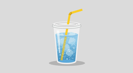 An illustration depicts a plastic cup with ice a blue liquid and a yellow straw