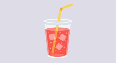 A clear cup filled with a red drink ice cubes and a yellow straw