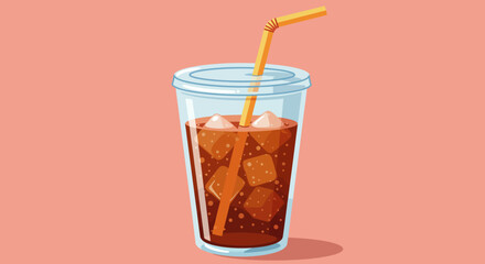 A clear plastic cup filled with a dark drink ice cubes and an orange straw against a peach background