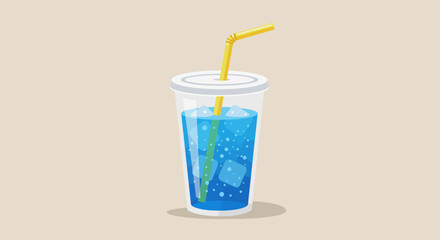 A blue drink in a clear cup with ice a white lid and a yellow straw