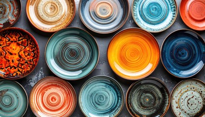 Colorful Ceramic Plates Collection Top View.