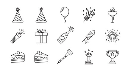 Fototapeta premium Hand drawn birthday party elements with gift cake and hat