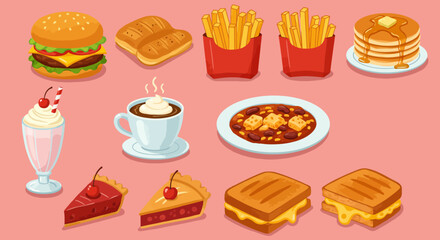 A collection of cartoonstyle food items including a burger fries pie and chili against a solid pink background