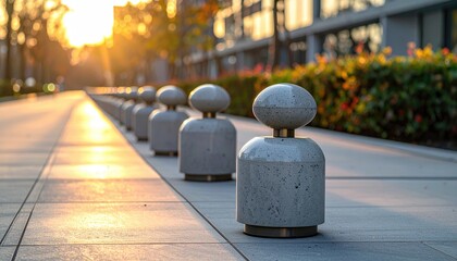 Concrete Bollards on a City Sidewalk at Sunset.