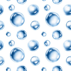 Seamless pattern of delicate air bubbles float in a serene aquatic dance,captured in soft blue watercolor monochrome.For ocean-inspired projects.Hand drawn illustration for aquatic template