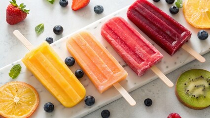 kids food allergy friendly Colorful frozen popsicles arranged with fresh fruits on a light background.