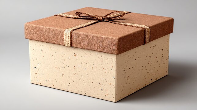 Elegant Gift Box with Brown Lid and Jute Bow on Gray Background