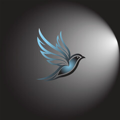 Blue bird flying in the dark with light shining on it, vector illustration