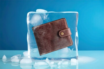 wallet frozen in ice block. Blocked money concept