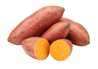 Isolated group of raw orange-fleshed sweet potatoes, including cut halves to show inner texture