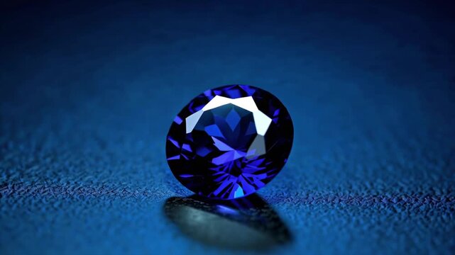 AI generative video showcasing a rotating camera view of a stunning blue sapphire gemstone under dramatic lighting and reflections