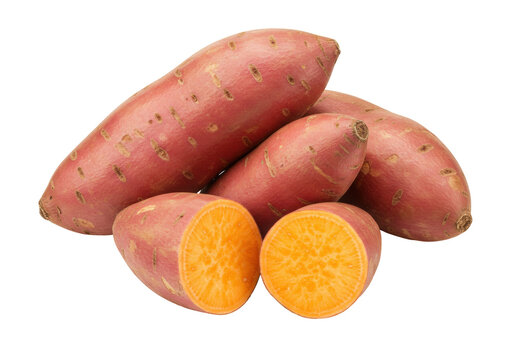 Isolated group of raw orange-fleshed sweet potatoes, including cut halves to show inner texture