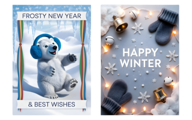 Joyful polar bear celebrating a frosty new year with warm wishes and festive winter elements