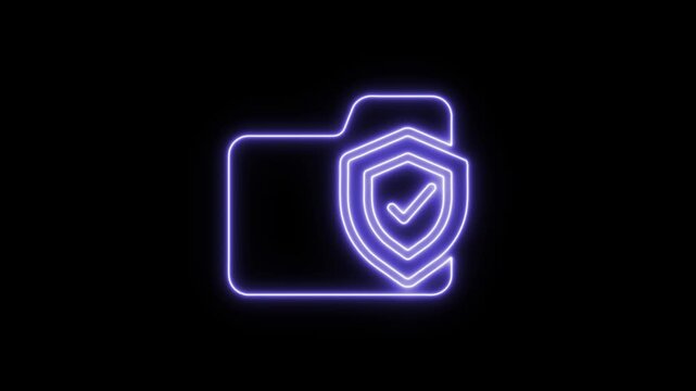 Glowing purple folder icon with shield symbol represents secure data and document protection Neon Icon Neon Sign