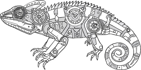 A detailed illustration showcases a mechanical chameleon, blending animal form with intricate steampunk-inspired gears, cogs, and metallic components in a monochrome style.