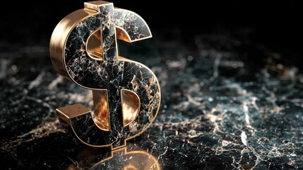 3D golden dollar sign on black marble background