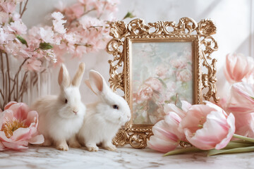 Adorable bunny pair sitting among tulips pastel tone