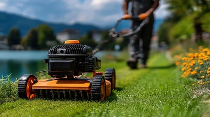 Obraz premium A person mows a green lawn with an orange lawnmower near flowers, with a scenic lake and mountains in the background.